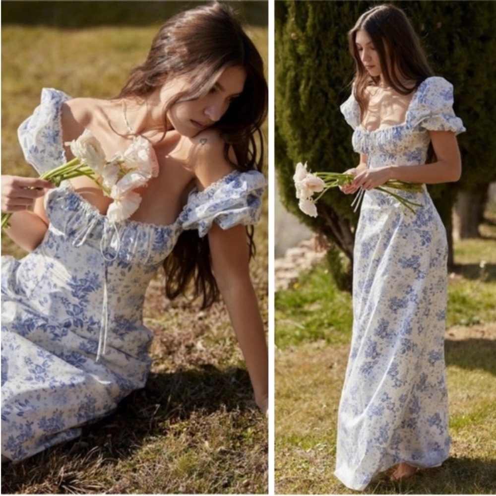 NEW House of CB Felizia Dress Blue Print + White Small